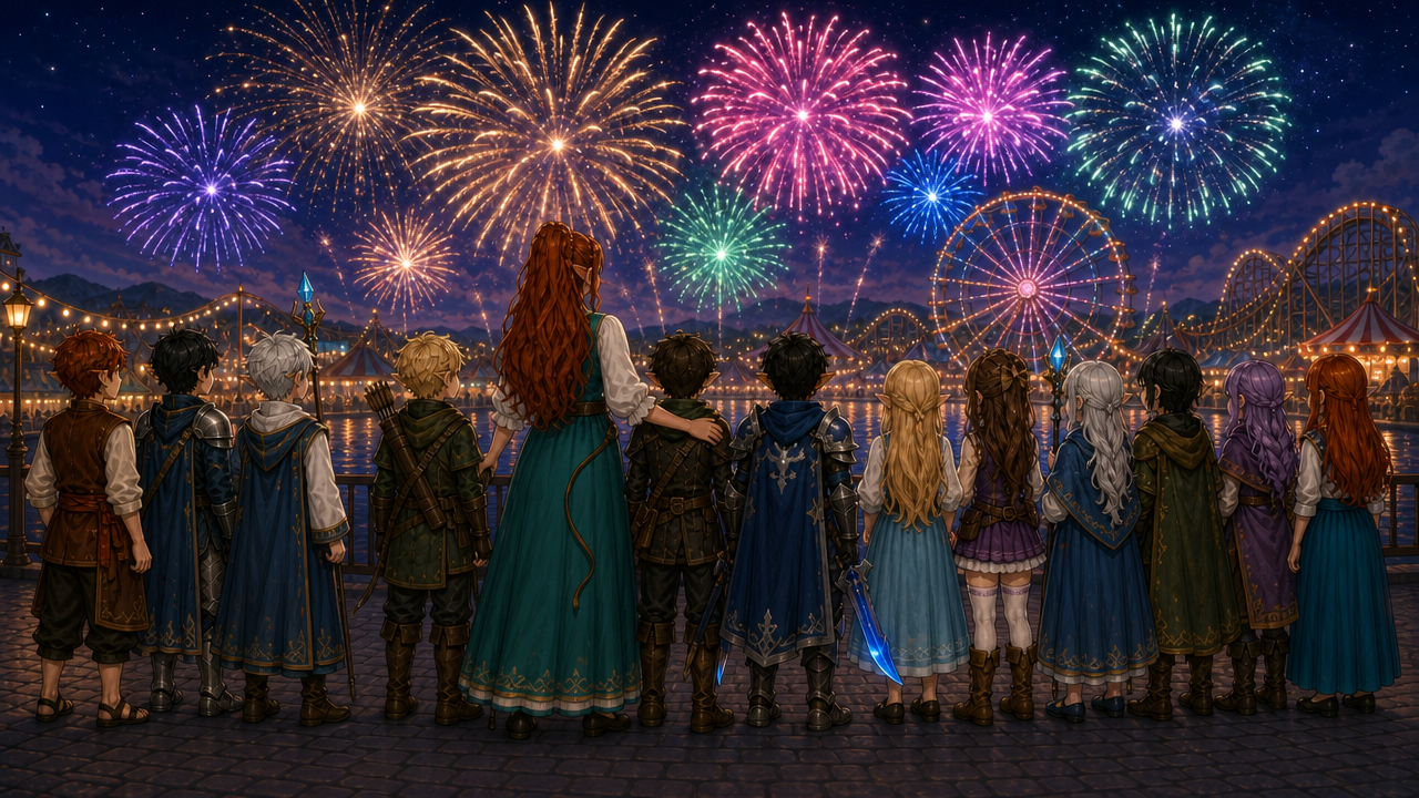 Kandreyne and the Elmwood Village children watching fireworks at the carnival