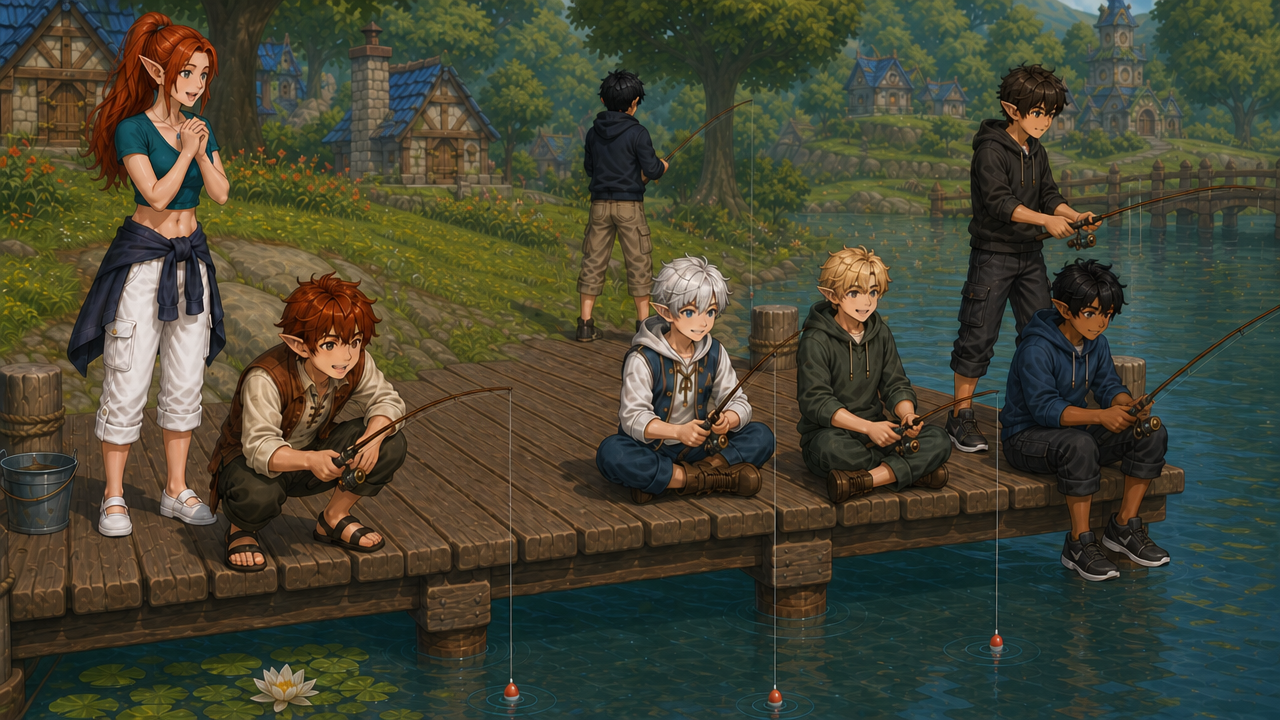 Elmwood Village characters fishing by the riverside