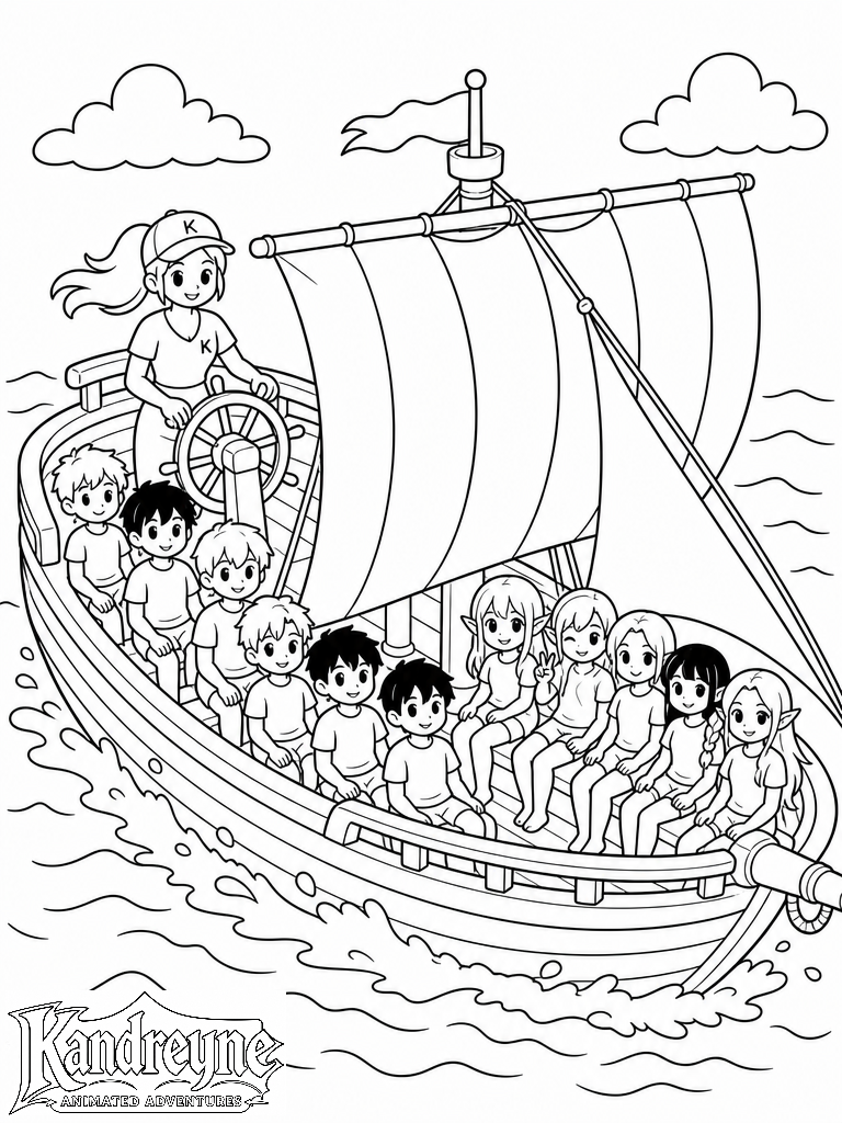 Kandreyne and friends sailing on a wooden ship
