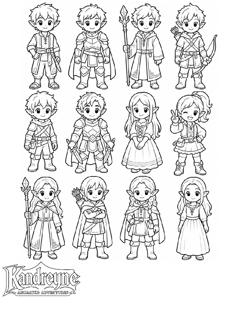 Twelve chibi-style elf boy and girl character designs in various adventurer outfits